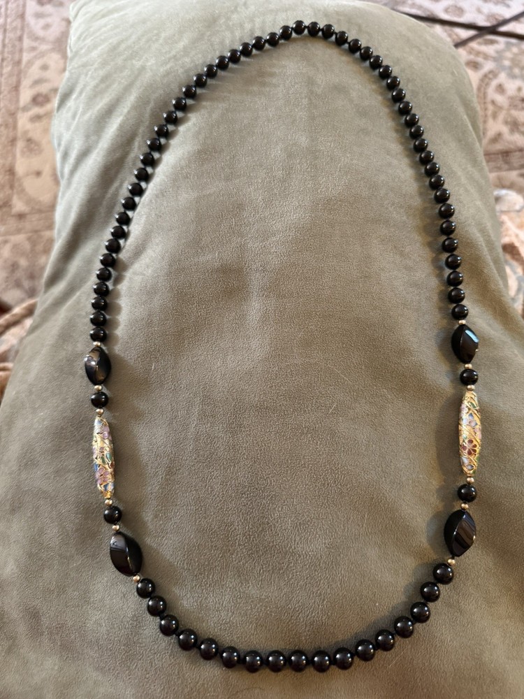 Vintage Onyx and Cloisonné Beaded Necklace