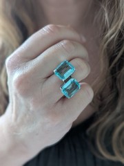 Vintage Retro 1940s Double Aqua Blue Glass Sterling Silver Ring