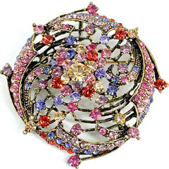 Vintage Multicolored Rhinestones Domed Filigree Brooch Pin Pendant