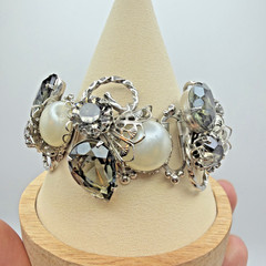 Vintage Silver Toned Bar Link Bracelet Smokey Glass Faux Pearl Size 6.5