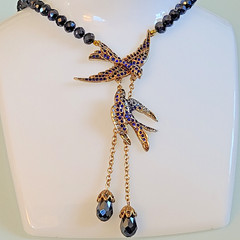 Signed Lihangyuan Twin Flying Birds Necklace Blue Rhinestone Black Bead 5″ Drop