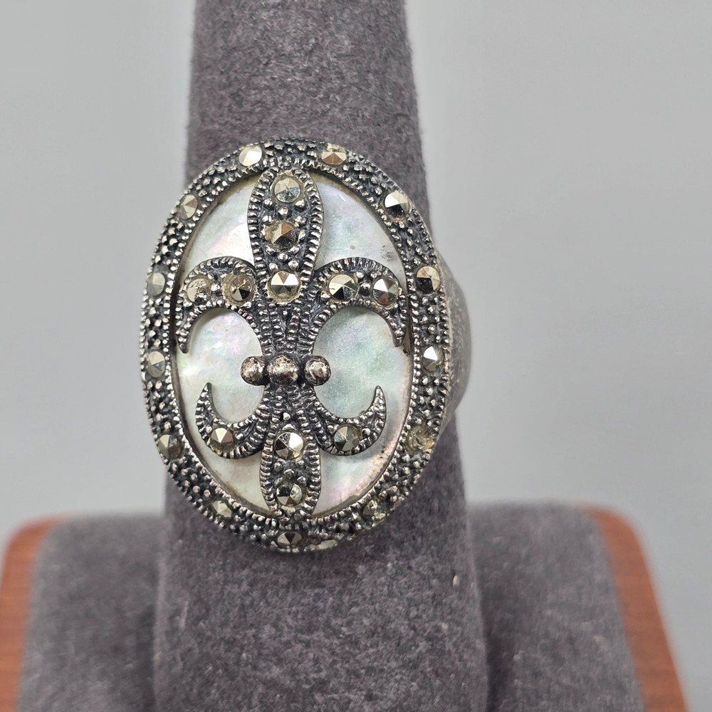 CFJ Collins Sterling Silver Fleur-De-Lis Ring Mother-Of-Pearl & Marcasite 8.25