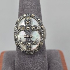 CFJ Collins Sterling Silver Fleur-De-Lis Ring Mother-Of-Pearl & Marcasite 8.25