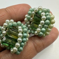 Vintage Japan Clip On Earrings Green Baguette Faux Pearl Beaded Cluster