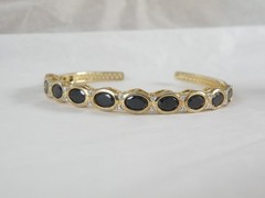 Vintage Sterling Silver 925 Gold on Natural Black Spinel Hinged Bracelet 7.5″
