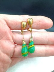Vintage Venetian Glass Clip Earrings Dangle Hook Green Yellow Striped Cone 1.75″
