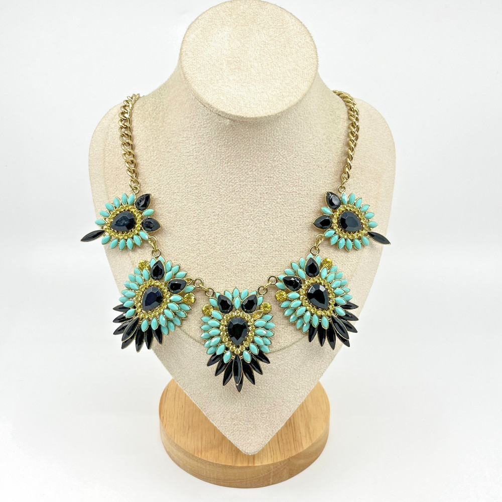 VTG Y2K Statement Necklace Gold Tone Turquoise Color Black Yellow Resin Cabochon