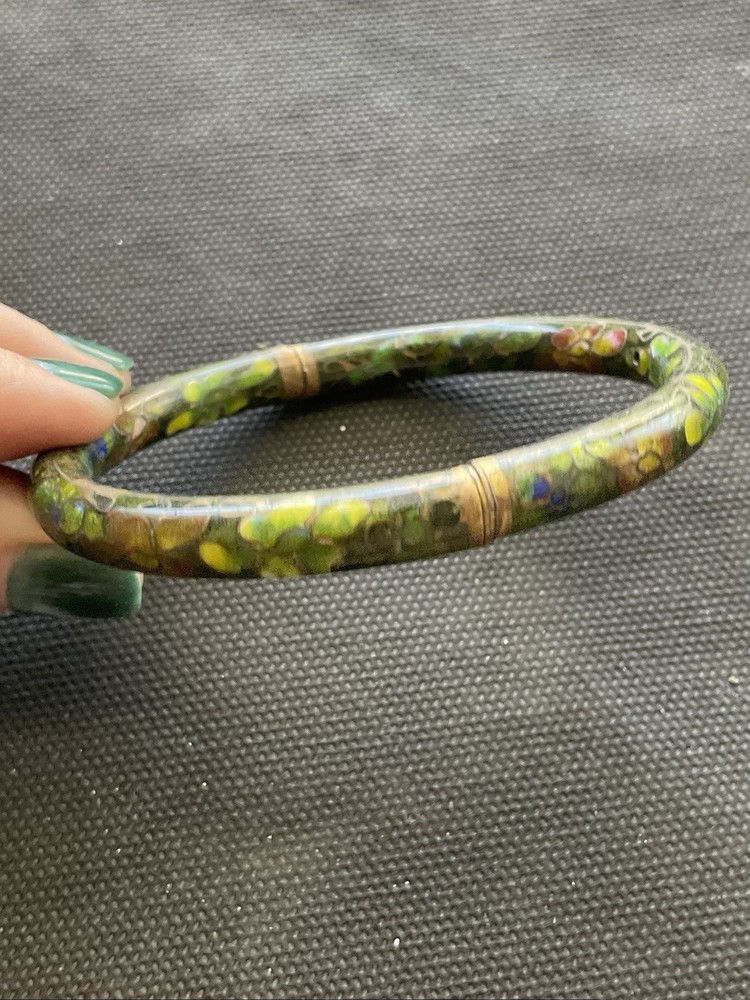 vintage Chinese cloisonne enamel bangle bracelet Hinged Green Floral