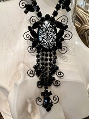 D&E Juliana Book Piece Long Black Rhinestone Floral Transfer Gun Metal Necklace