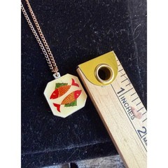 Vintage Japan Enamel Twin Fish Pendant Necklace Pisces Jewelry Lucite Koi 60s