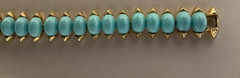 Vintage Crown Trifari Cabochon Faux Turquoise 6.25” Bracelet w/ Fold Over Clasp