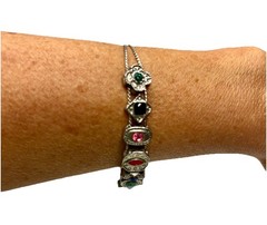 VTG Victorian Revival Slider Charm Bracelet Silvertone Rhinestones Enamel 7 1/4″