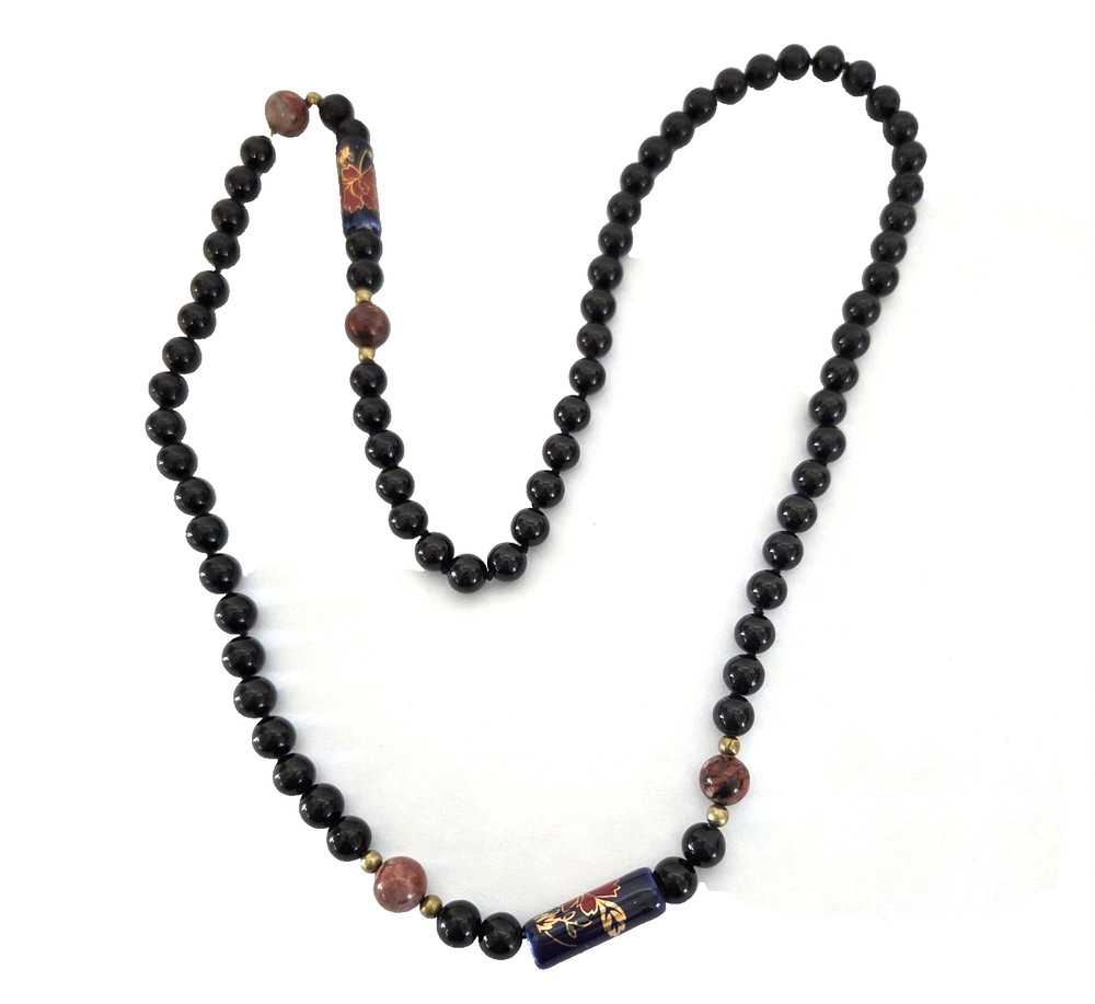 Vintage Chinese Blue Porcelain Cloisonne Black Hand Knotted Bead Necklace 28″