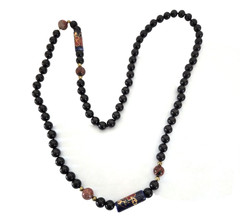 Vintage Chinese Blue Porcelain Cloisonne Black Hand Knotted Bead Necklace 28″