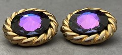 Rare Vintage Huge Round Faceted Vitrail AB Purple Rhinestone Clip on Earrings
