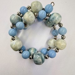 Beaded Memory Wire Bracelet Pastel Blue Pale Green Silver Beads Gift Box 1950s