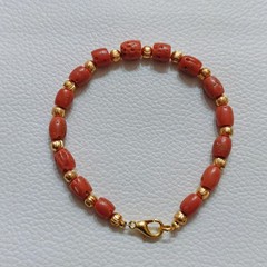 Natural Italy Red Coral Drum Beads Bracelet Brass Handmade CoralGemstone Jewelry
