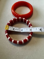 Lot 2 Vtg Lucite Plastic Bangle Bracelets Red White Stripe Carved Orange Stack