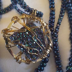 Torsade Indigo Blue Peacock Iridescent Glass Beads Necklace Wire Art Crafted