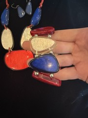 Vintage Red White Blue Adjustable Lucite Bib Necklace Bracelet Earrings MCM MOD