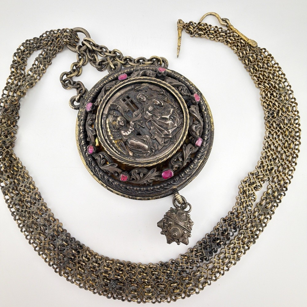 17-18th Century Reliquary Silver Religious Relic Ruby Pendant Necklace AAW17