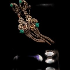 Antique Asian Dragon Jade Carnelian Cabochon Dangle Screw Back Tassel Earrings