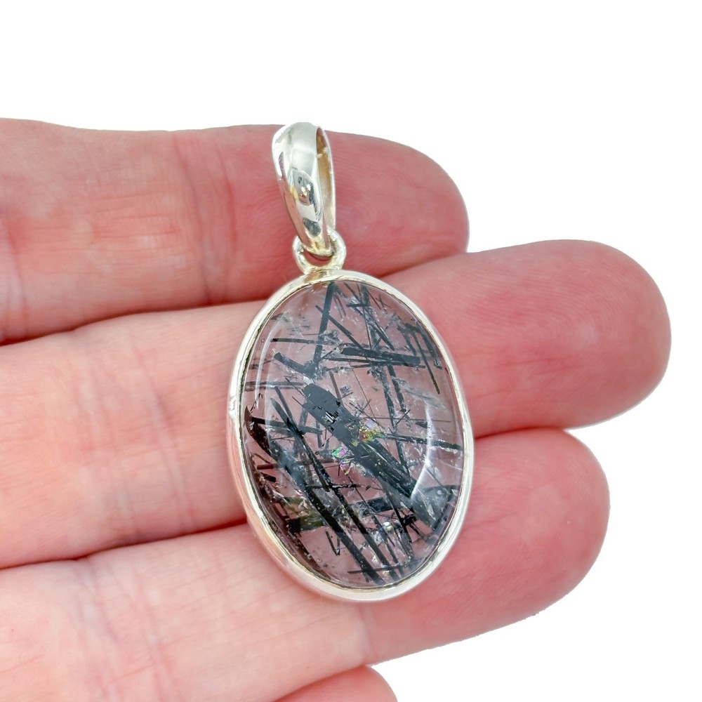 Vintage Sterling Silver 925 Tourmalinated Quartz Pendant