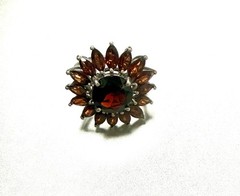 Vintage Sunflower Sterling Silver Ring Center Round Marquise-Cut Dark Red Gems