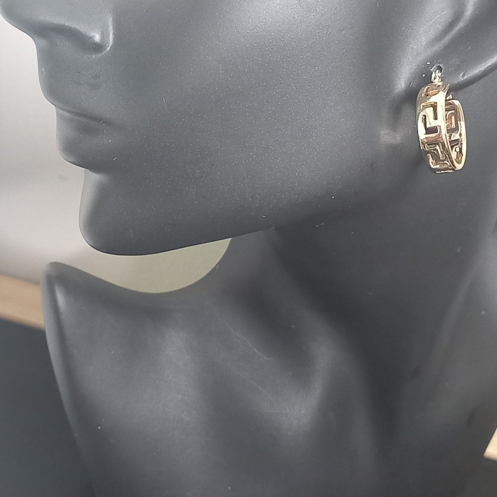 Vintage Greek Key Hoop Earrings Gold Tone Openwork Geometric Meander Pierced 1″