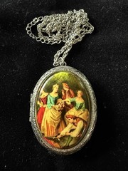 Vintage Silver Tone Enamel Photo Locket Pendant Victorian Lithograph Chain
