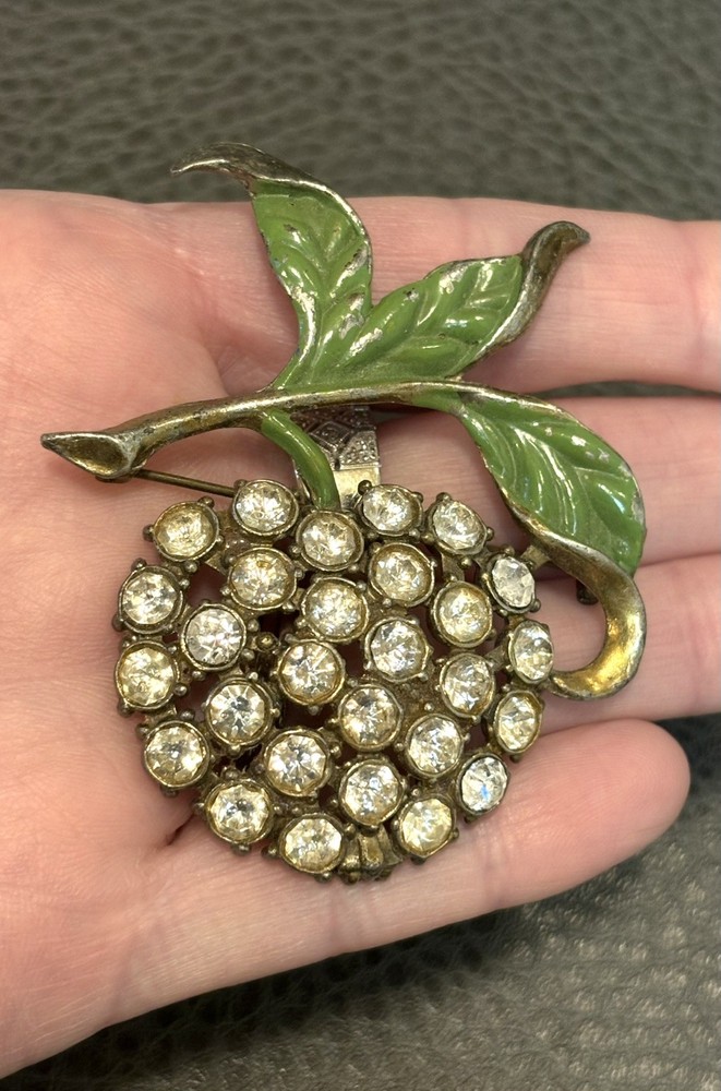 Vintage Art Deco Large Fruit Leaf Brooch Enamel & Rhinestone Pot Metal Pin