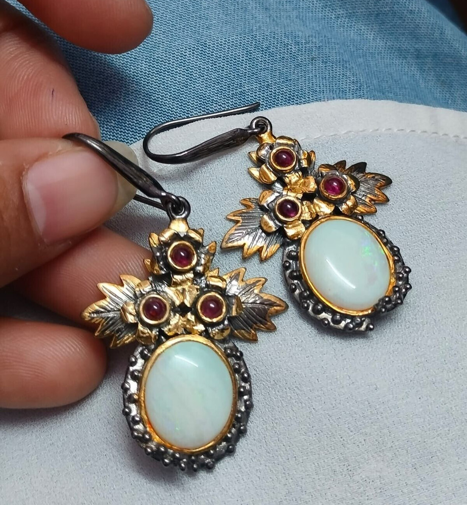 White Fire Opal Dangle Earrings 925 Silver Floral Dangle Earrings Garnet Jewelry
