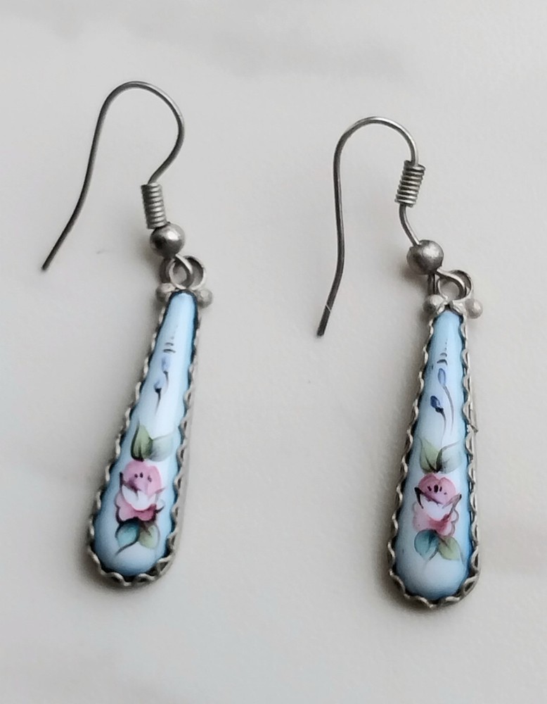 Vtg 1990s Genuine Russian Rostov Finift Hand Painted Enamel Drop Earrings Rose