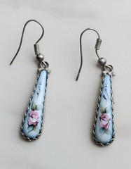 Vtg 1990s Genuine Russian Rostov Finift Hand Painted Enamel Drop Earrings Rose