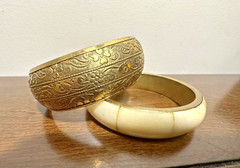 Vintage 1″ Brass Engraved Bangle & 1/2″ Bone And Brass Bangle Boho Chic Bracelet