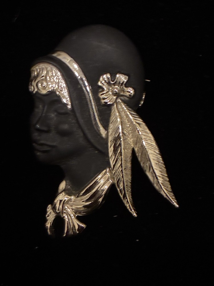 Vintage Torino Flapper Girl Brooch in Gold Tone and Black Matte Finish.