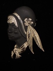 Vintage Torino Flapper Girl Brooch in Gold Tone and Black Matte Finish.