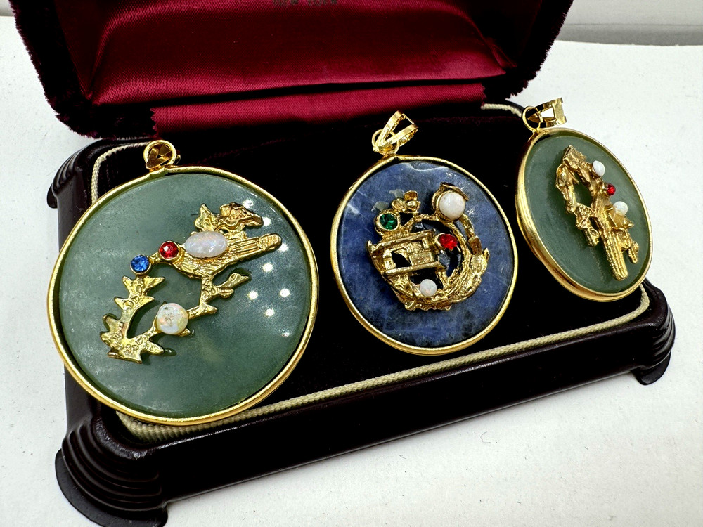 BIRD PENDANT ROUND CHINESE Semi Precious Gemstone NEW OLD VNTG LAPIS AVENTURINE