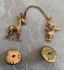 Vintage 1970s Christmas Enamel Santa & Reindeer Push Back Pins On Chain