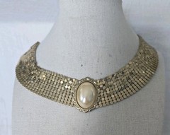 Vintage Style Gold Tone Mesh Choker Faux Pearl Liquid Metal Adjustable 16 Inches