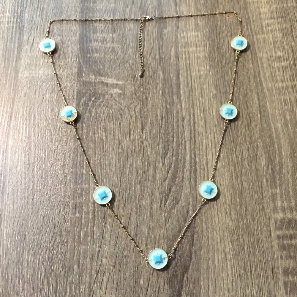 Vintage Station Necklace Gold Tone Lucite Enamel Turquoise Blue