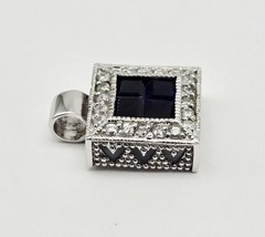 Sterling Silver FAS 925 Pendant – Square Blue Sapphire Glass & CZ Halo – 4.1g