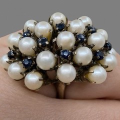 Antique 14k GOLD ▪️ Old ROSE CUT Sapphires & Pearl Vintage Cocktail Ring SZ 6.25