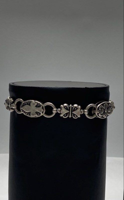 Vintage Sterling Silver Cross Medallion Link Bracelet Fleur-de-lis 7.5″