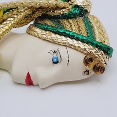 Lady Face Hand Painted Resin Braided Bead Long Hair Art Deco Revival Brooch Pin