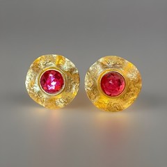 Vintage Cabochon Clip Earrings Fuchsia Pink Chunky Mogul Runway Gold Tone