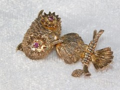 Vintage 40’s Les Bernard Signed Sterling Silver Gold Vermil Owl Bird Brooch