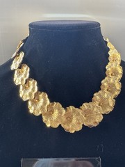 Les Bernard Runway Necklace Earrings Set Statement Signed Lilly Pads Gold Plate