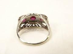 Antique Art Deco Filigree 14 K White Gold 3 Stone Ruby Sz 6 Cocktail Ring
