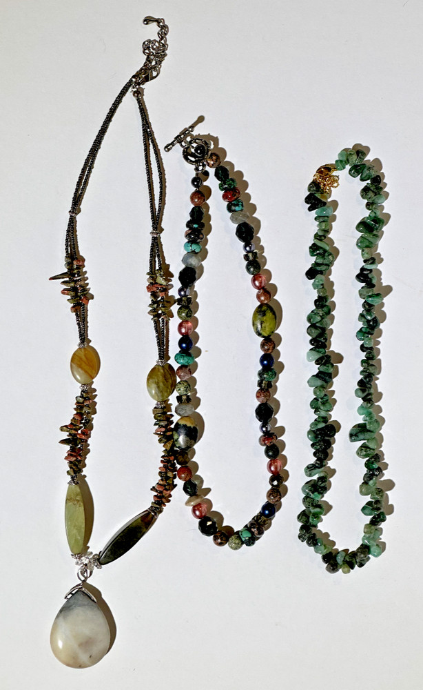 Lot (3) Green & Various Colors Stone Bead Necklaces